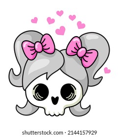 Cute сartoon Skull on a white background. Very cute Skull with bow  and pink heart vector illustration. 