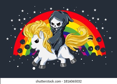 A cute skull on white gold unicorn with rainbow background