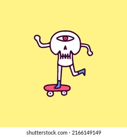Cute skull with one eye riding skateboard, illustration for t-shirt, sticker, or apparel merchandise. With cartoon style.