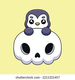 cute skull penguin halloween cartoon mascot doodle art hand drawn concept vector kawaii icon illustration