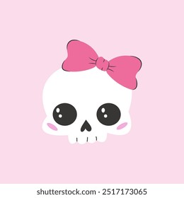 Crânio bonito com arco rosa. Coquette Halloween design. Ilustração vetorial