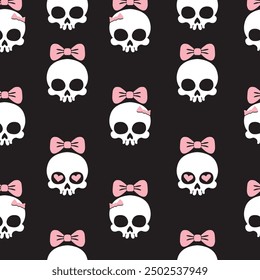 Cute skull with a pink bow pattern, in black and white and pastel colors with a simple and flat design.