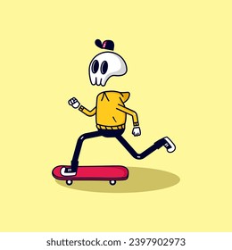 Cute skull playing skateboard vector llustration, flat cartoon style