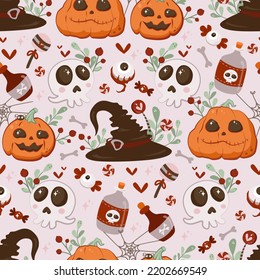 Cute skull, pumpkins with smiles, lollipops, candies, sweet Halloween eyes. Seamless pattern, vector simple illustration. Halloween background with cute cartoon scary characters. For gift paper, etc.