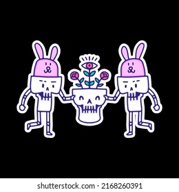 Cute skull and rabbit character holding skeleton head with flowers , illustration for t-shirt, sticker, or apparel merchandise. With doodle, retro, and cartoon style.