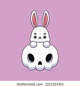 cute skull rabbit halloween cartoon mascot doodle art hand drawn concept vector kawaii icon illustration