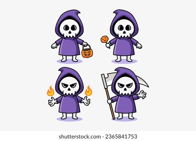 Cute skull reaper halloween illustration design character bundle