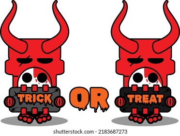 cute skull red devil mascot character cartoon vector holding trick or treat board