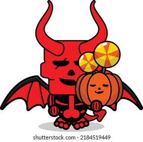 cute skull red devil mascot character cartoon vector holding pumpkin candy