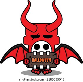cute skull red devil mascot character cartoon vector holding halloween board
