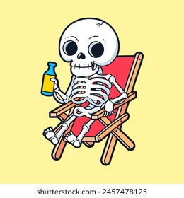 Cute Skull Relaxing On Bench And Drink Soda Cartoon Vector Icon Illustration. People Holiday Icon Concept Isolated Premium Vector. Flat Cartoon Style