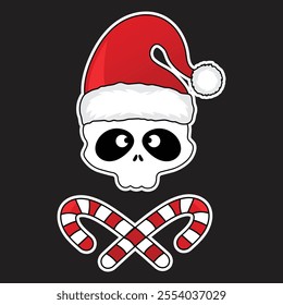 Cute skull Santa with hat and crossed candy illustration for  Christmas  decorations. Creepy holiday season aesthetic. Vector skull sticker isolated on black background.