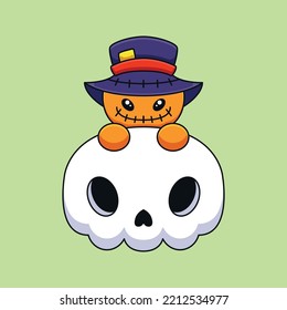 cute skull scarecrow halloween cartoon mascot doodle art hand drawn 