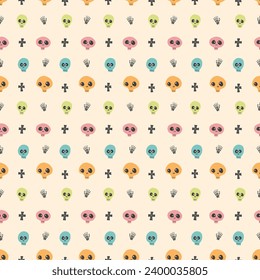 Cute Skull Seamless Pattern. Halloween Background vector illustration.