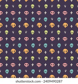 Cute Skull Seamless Pattern. Halloween Background vector illustration.