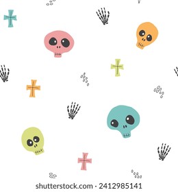 Cute Skull Seamless Pattern. Halloween Background vector illustration.