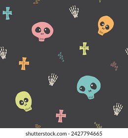 Cute Skull Seamless Pattern. Halloween Background vector illustration.