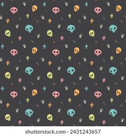 Cute Skull Seamless Pattern. Halloween Background vector illustration.