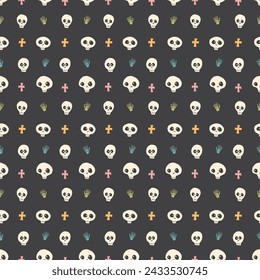 Cute Skull Seamless Pattern. Halloween Background vector illustration.