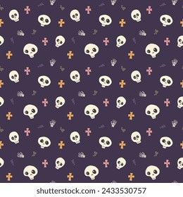 Cute Skull Seamless Pattern. Halloween Background vector illustration.