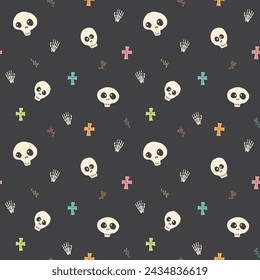 Cute Skull Seamless Pattern. Halloween Background vector illustration.