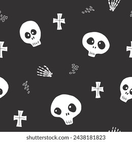 Cute Skull Seamless Pattern. Halloween Background vector illustration.