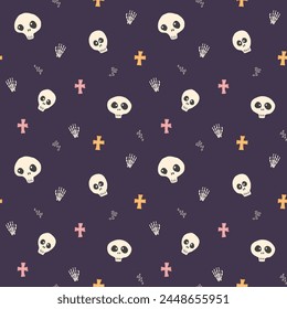 Cute Skull Seamless Pattern. Halloween Background vector illustration.