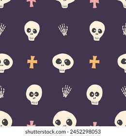 Cute Skull Seamless Pattern. Halloween Background vector illustration.