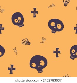 Lindo patrón sin costuras de cráneo. Ilustración vectorial de fondo de Halloween.