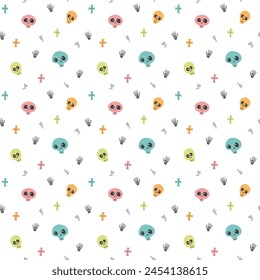 Cute Skull Seamless Pattern. Halloween Background vector illustration.