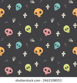 Cute Skull Seamless Pattern. Halloween Background vector illustration.