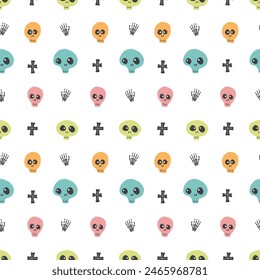 Cute Skull Seamless Pattern. Halloween Background vector illustration.