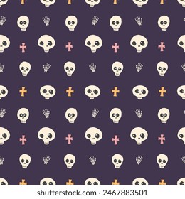 Cute Skull Seamless Pattern. Halloween Background vector illustration.