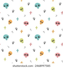 Cute Skull Seamless Pattern. Halloween Background vector illustration.