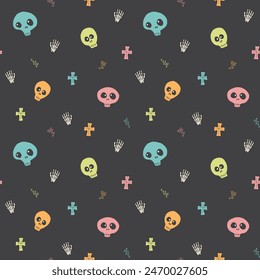 Cute Skull Seamless Pattern. Halloween Background vector illustration.