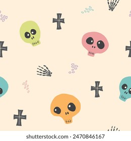 Cute Skull Seamless Pattern. Halloween Background vector illustration.