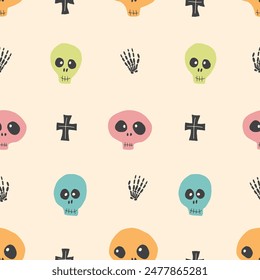 Cute Skull Seamless Pattern. Halloween Background vector illustration.