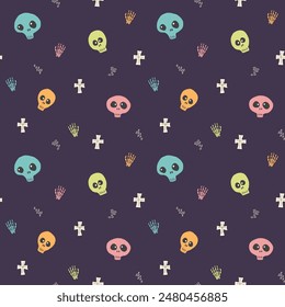 Cute Skull Seamless Pattern. Halloween Background vector illustration.