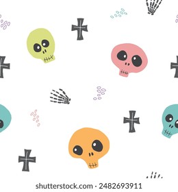 Cute Skull Seamless Pattern. Halloween Background vector illustration.