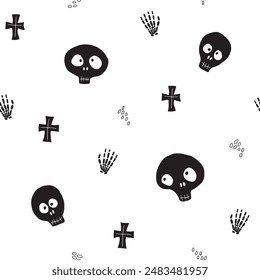 Cute Skull Seamless Pattern. Halloween Background vector illustration.