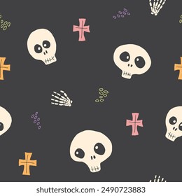 Cute Skull Seamless Pattern. Halloween Background vector illustration.