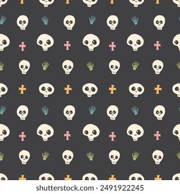 Cute Skull Seamless Pattern. Halloween Background vector illustration.