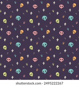 Cute Skull Seamless Pattern. Halloween Background vector illustration.