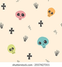 Cute Skull Seamless Pattern. Halloween Background vector illustration.