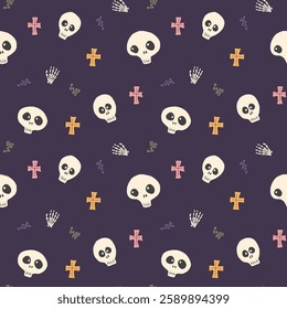 Cute Skull Seamless Pattern. Halloween Background vector illustration.