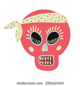 Cute skull in simple hand drawn cartoon doodle style. Pink skull with a bandana tied. Funny illustration for the holiday halloween, day of the dead 