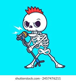 Cute Skull Singing With Microphone Cartoon Vector Icon Illustration. People Music Concept Isolated Premium Vector. Flat Cartoon Style