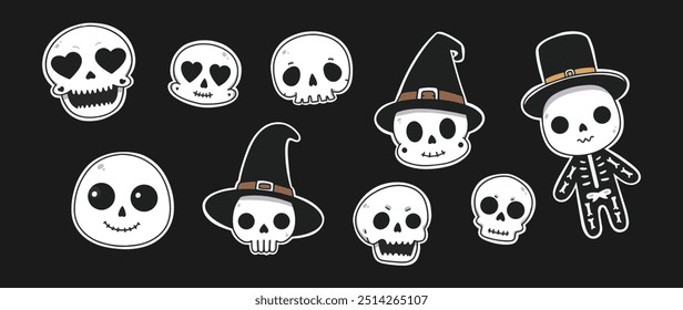 Cute Skull Skeleton Halloween Cartoon Vector Stickers Collection