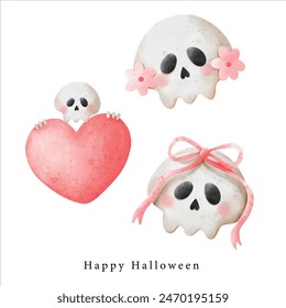 cute skull skeleton with heart and flower , illustration Halloween horror element clipart