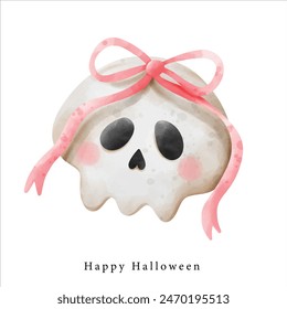 cute skull skeleton with pink ribbon in love , illustration Halloween horror element clipart